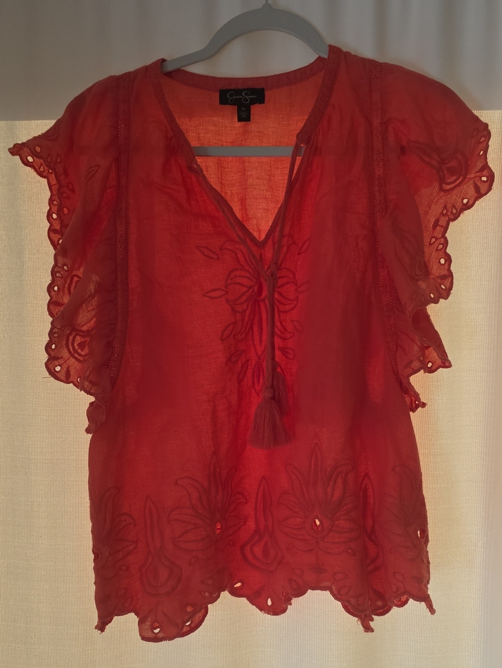 Jessica Simpson Dark Coral Embroidered Tassel V-Neck Blouse